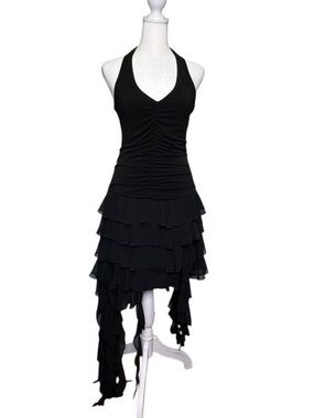 Vintage Y2K Cache Ruffle Asymmetrical Halter Dress Size US 12